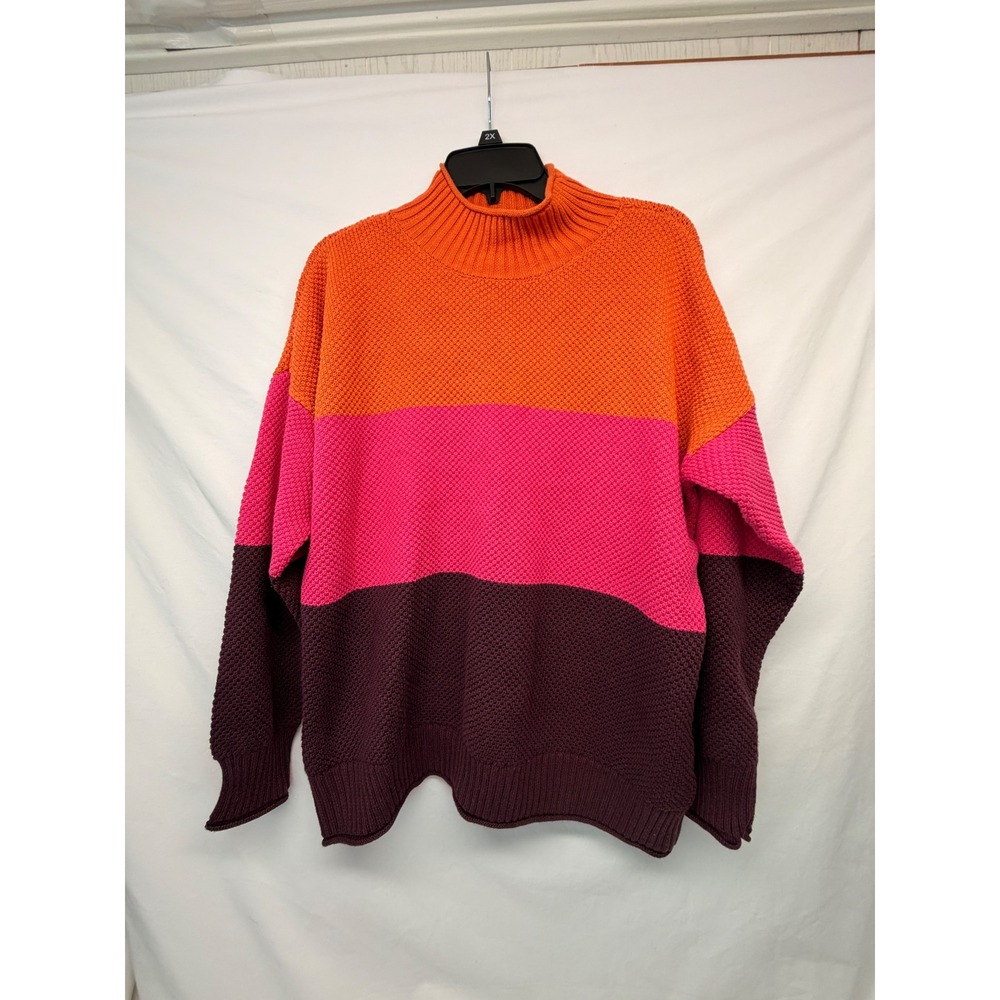 Belle by Kim Gravel Colorblock Mock Neck Sweater Orange Pink Burgundy M A617203